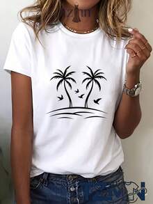 Minimalist. 100% Cotton. Women's 1pac Tree Print T-Shirt. | Casual V-Neck Tee With Short Sleeves, Suitable For Everyday Wear, Dating, Vacations, Play Days, Parties, And Valentine's Day. Spring/Summer Top. - White - View 2
