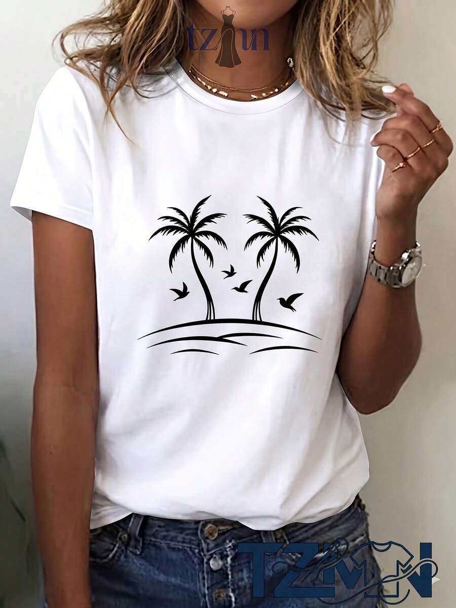 Minimalist. 100% Cotton. Women's 1pac Tree Print T-Shirt. | Casual V-Neck Tee With Short Sleeves, Suitable For Everyday Wear, Dating, Vacations, Play Days, Parties, And Valentine's Day. Spring/Summer Top.