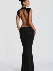 Y2K Sexy Side Cutout Mock Neck Sleeveless Ruched Waist Mermaid Maxi Dress For Club Parties & Formal Events - Negro - Ver 3