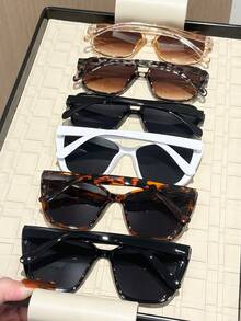 6 Pasang Kacamata Wanita Ukuran Besar Aneka Warna Plastik Gaya Y2K Klasik, Portabel, Aksesori Fashion Penting untuk Fotografi Jalanan dan Perjalanan - 6 pcs Teh motif macan tutul hitam dan putih - View 3