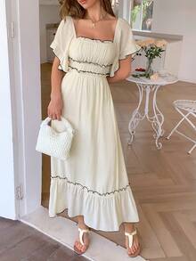 Women's Elegant And Fashionable Lotus Leaf Sleeve Square Neck Dress Long Skirt, High-End Inlaid Slim Waist Tight Cake Skirt Design Fluffy Dress - 杏色 - 查看 2