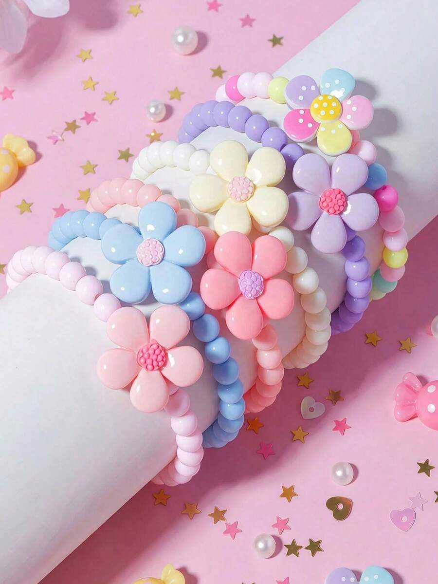 3pcs Cute Flower Pendant Pearl Beaded Bracelet/Bangle/Wrist Accessories, Suitable For Girls Daily, Festival, Birthday, Party Wear, Random Colors - one-size - View 1