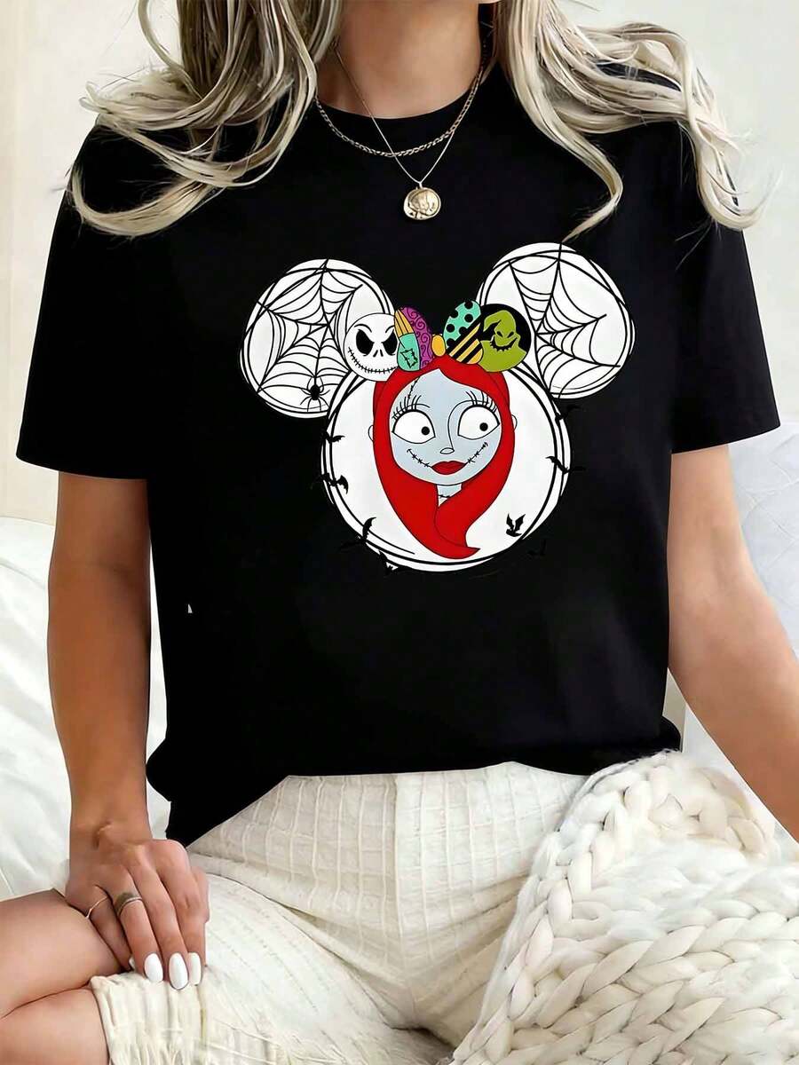 Disney Women Round Neck T Shirt Sally And Jack Skellington Mickey Ears Design Halloween Costume Party 220g - Black - View 1