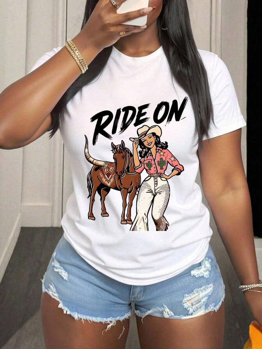 Women's Crew Neck T-Shirt, Cowgirl And Horse Print, With Black "RIDE ON" Lettering, American Retro Style, Versatile Casual Top - 白色 - 查看 1