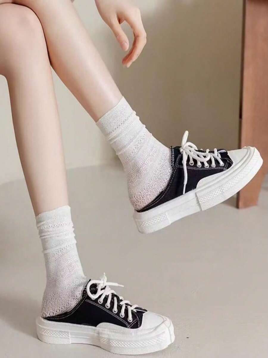 Summer Thin Solid Color Hollow Out Women's High Knee Socks Lace Slouchy Socks Slimming Black White Women's Socks - Multicolor - View 1