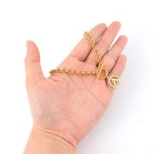 1pc Minimalist Gold Round Hollow Initial Pendant T-Clasp Stainless Steel Chain Necklace For Women - Golden Yellow Micro-inlaid Round - View 3