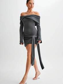 Vestido punto hombros al descubierto ajustado semi transparente - Gris - Ver 4