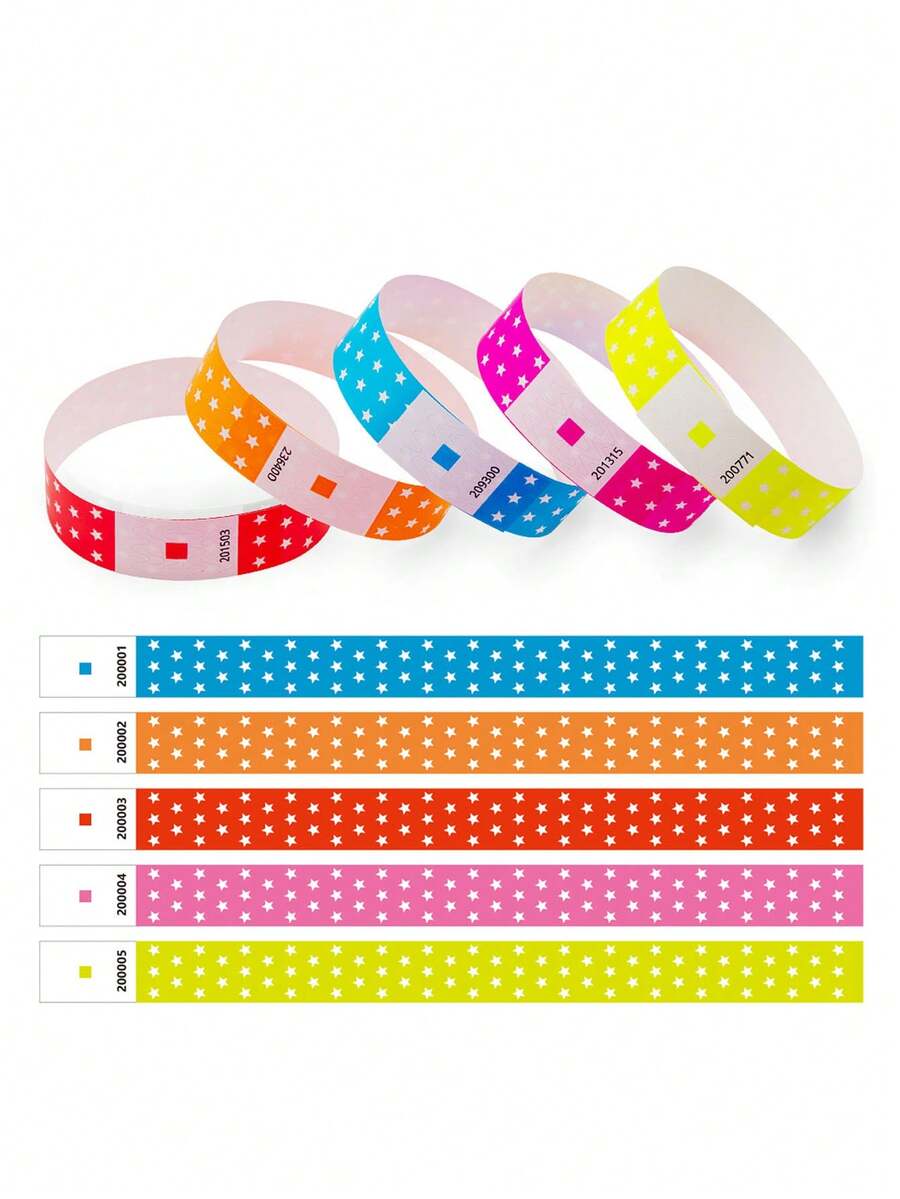 100pcs/5pcs Pack Fluorescent Star Pattern Paper Wristbands - Event Wristbands Decorated With Star Patterns And Printed With Random Numbers. Ideal Party Accessories Suitable For Various Occasions, Including Music Festivals, Concerts, Birthday Parties, Weddings, Party Games, Theme Parties, Back To School Events, Retro Parties, Etc.