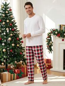 Family Matching Christmas Pajama Set, Solid Color Long Sleeve Tops And Plaid Pants Sleepwear Outfits - White - View 10