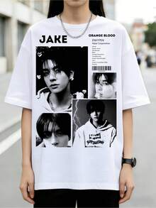T-shirt grafica collage glitterata retrò ENHYPENs Jake Orange Blood Album a 4 pannelli nero-bianco, 100% cotone, top casual streetwear K-Pop dark Y2K - Bianco - Visualizzare 1