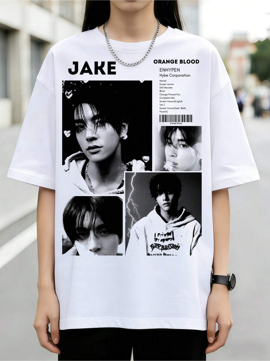 T-shirt grafica collage glitterata retrò ENHYPENs Jake Orange Blood Album a 4 pannelli nero-bianco, 100% cotone, top casual streetwear K-Pop dark Y2K - Bianco - Visualizzare 1