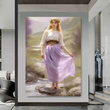 Enmarcado  plano 2D, 1 unidad, lienzo enmarcado para pared - Mujer elegante con vestido morado y paisaje , decoración artística plana 2D para el hogar, oficina, bar, aula, dormitorio, decoración de primavera para interiores y exteriores, regalo para el Día de la Madre, graduación, decoración de dormitorio | Artesanía artística - Enmarcado - Ver 3