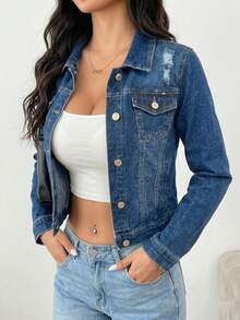 Chamarra Denim Slim Con Desgastados Premium, Estilo Urbano Trendy. - Azul Oscuro H3NZY04 - Ver 14