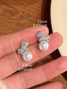 1 Pair Exquisite Elegant Horse Shaped Copper Alloy Inlaid Artificial Zirconia Faux Pearl Unique Fashion Design Suitable For Daily Casual Vacation Party Women's Stud Earrings - Silver - View 4