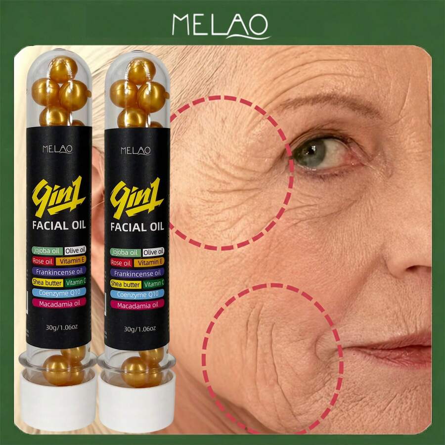 2盒 MELAO 9合1面部精華膠囊,含荷荷巴油、橄欖油、玫瑰油、乳木果油、維生素和輔酶Q10,滋養保濕,改善肌膚紋理,打造光滑、柔軟且光澤的肌膚 - 2個 - 查看 1