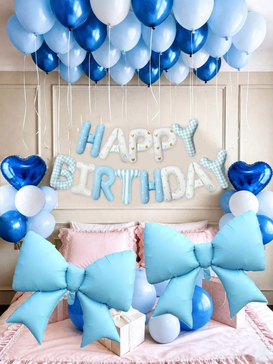 60件組藍色主題生日氣球套裝,16英吋生日快樂字母氣球橫幅,大號淺藍色蝴蝶結鋁箔氣球,18英吋心形氣球,藍白金屬藍乳膠氣球,適用於生日派對裝飾 - Style 1 - 查看 1