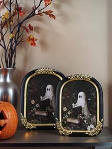 1PC Black Background Gold-Rimmed Rose Embossed Ghost Decorative Photo Frame, Resin Material Ghost Reading Book Rose Arch-Shaped Home Desktop Decor Photo Frame, Suitable For Bedroom, Study, Office Desk Photo Decoration And Photography Props - X Ghost Reading Rose Arched Photo Frame - View 10