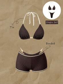Elavelle Conjunto de bikini con escote halter de tela jacquard con cuentas para mujer, primavera/verano - Marrón - Ver 1