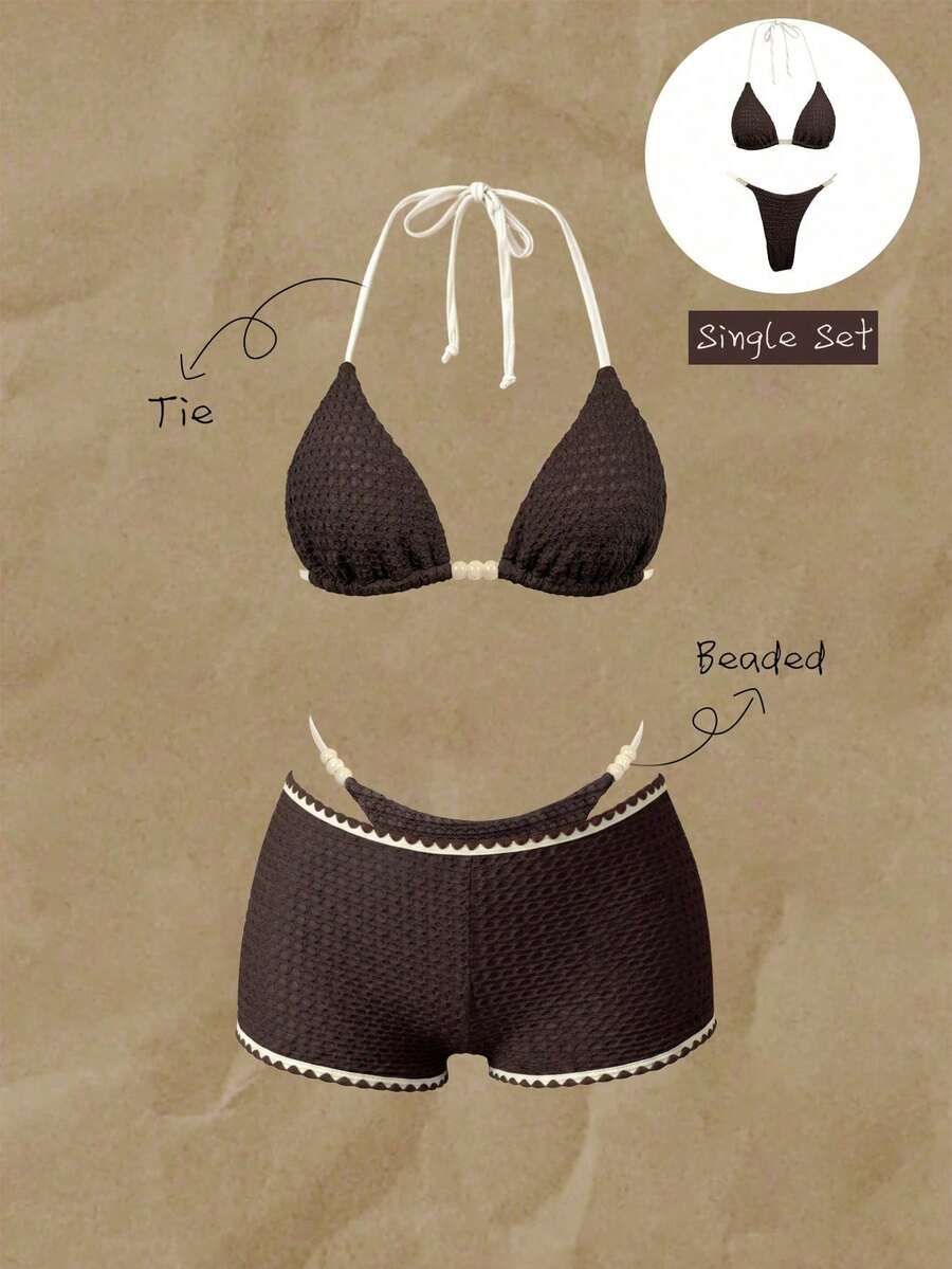 Elavelle Conjunto de bikini con escote halter de tela jacquard con cuentas para mujer, primavera/verano - Marrón - Ver 1