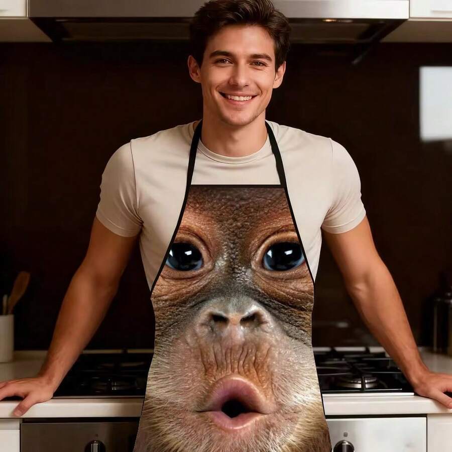 1pc Funny Printed Apron, Novel Animal Face Pattern Kitchen Apron, Unisex Polyester Apron, Suitable For Cooking, Baking, Grilling, Painting, Party And Daily Use - Multicolor - View 1