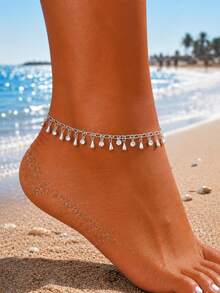 1pc Simple Versatile Random Rhinestone Water Drop Tassel Pendant Women's Anklet (Random Number Of Rhinestone Water Drops) - Silver - View 1