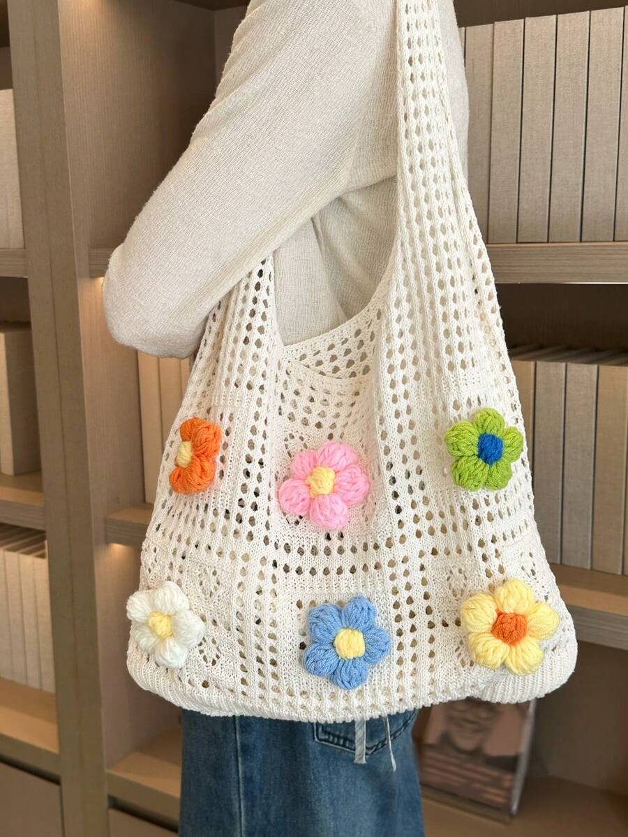 LFIRSTL Tas Rajut Minimalis dengan Desain Berongga, Cocok untuk Liburan, Tas Sekolah, Kapasitas Besar - Krem - View 1