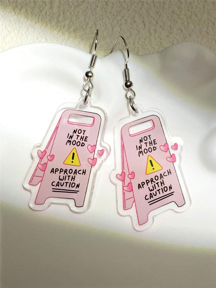 1 Đôi bông tai acrylic hình biển báo cảnh báo màu hồng dễ thương thời trang sáng tạo vui nhộn, phù hợp cho đi làm hàng ngày, ngày lễ, tiệc tùng và các dịp khác, bông tai nữ phong cách nghỉ dưỡng - Hồng - Xem 1