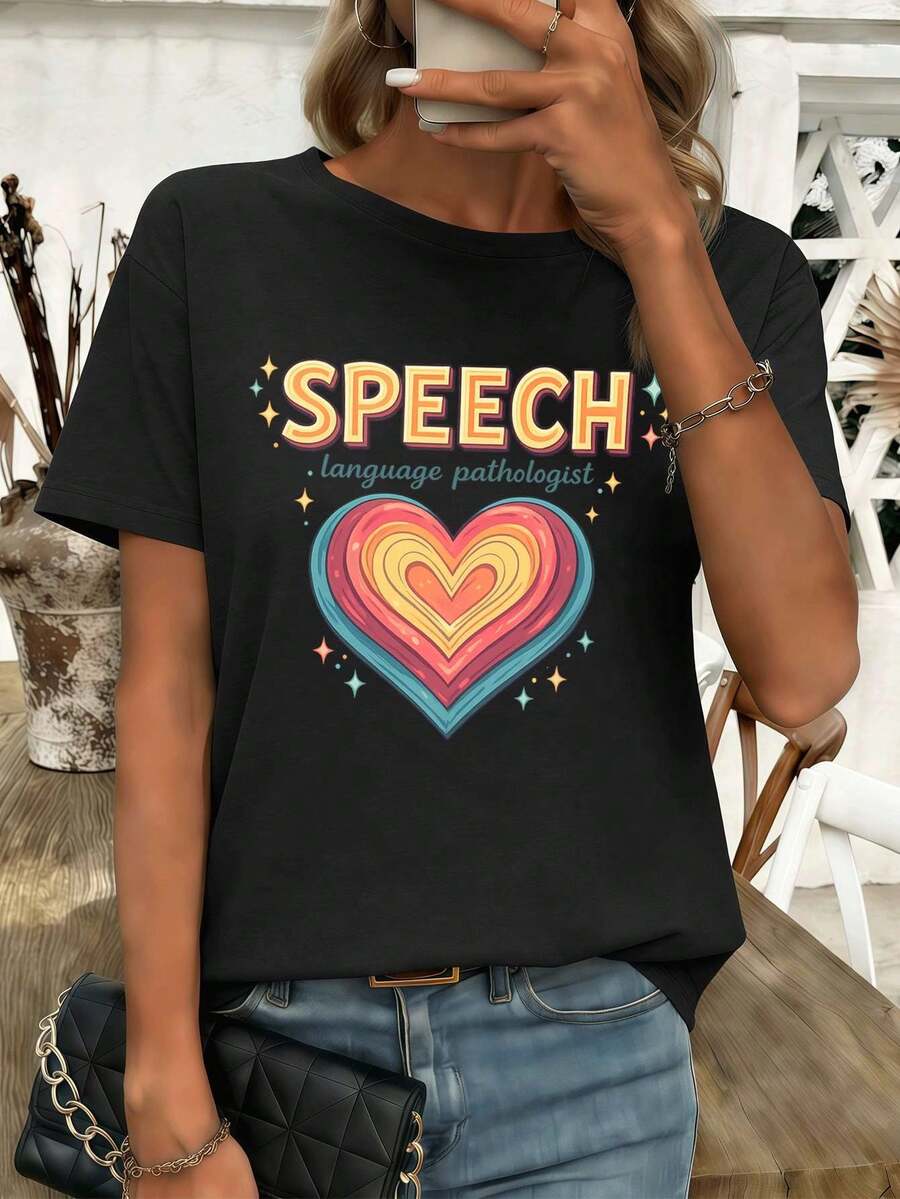Women's T-Shirt With Heart Motif, Round Neck, Relaxed Fit, Streetwear And Hip-Hop Style, Comfortable Fit, Unique Graphic Print - Black - View 1