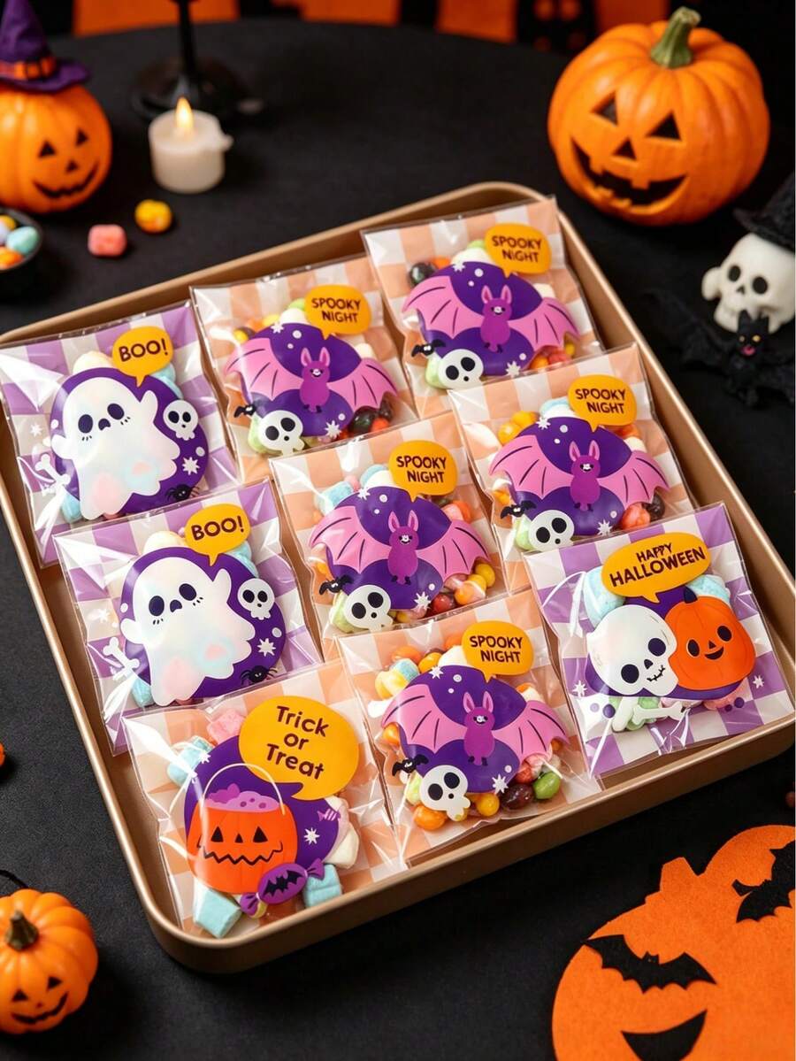 100 piezas Bolsas de regalo de Halloween, Bolsas autosellantes, Decoraciones de Halloween, Bolsas de almacenamiento, Decoraciones para fiestas de Halloween, Bolsas de embalaje de regalos, Suministros para fiestas de trucos o , Decoraciones de Feliz Halloween, Bolsas para aperitivos, Decoraciones de Halloween aterradoras, Decoraciones de atmósfera espeluznante
