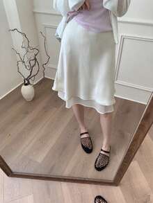 韓式雙層緞面中長度魚尾裙,女款夏季通勤顯瘦高腰純色A字裙 白色 - 白色 - 查看 2