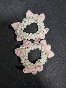 2pcs Pearl Bow Hair Ties, High Elasticity Rubber Bands For Bun And Ponytail, Girls Hair Accessories For Daily Wear (Cardboard Only For Display) - Butterfly Hair Tie - View 8