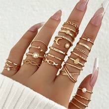 Set Cincin Multi-Sambungan Terbuka Mutiara Imitasi Bulan Terlaris di Eropa dan Amerika, Set Cincin Bertatahkan Berlian Imitasi Serbaguna dan Modis 26 Buah - Set cincin berlian 26 buah - View 11