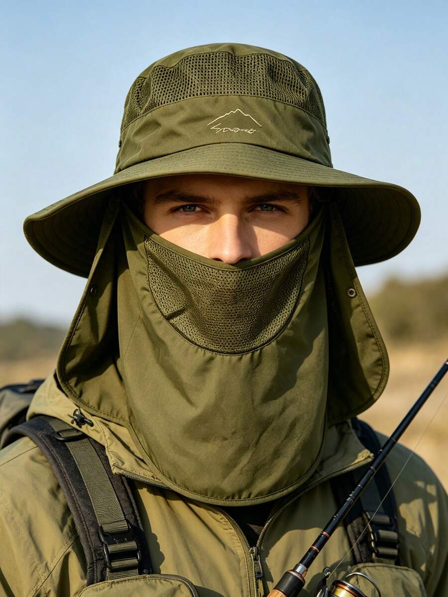 Men's Summer Outdoor Hiking Fishing Sun Hat, Wide Brim, Breathable, Sun Protection - Army Green - View 1