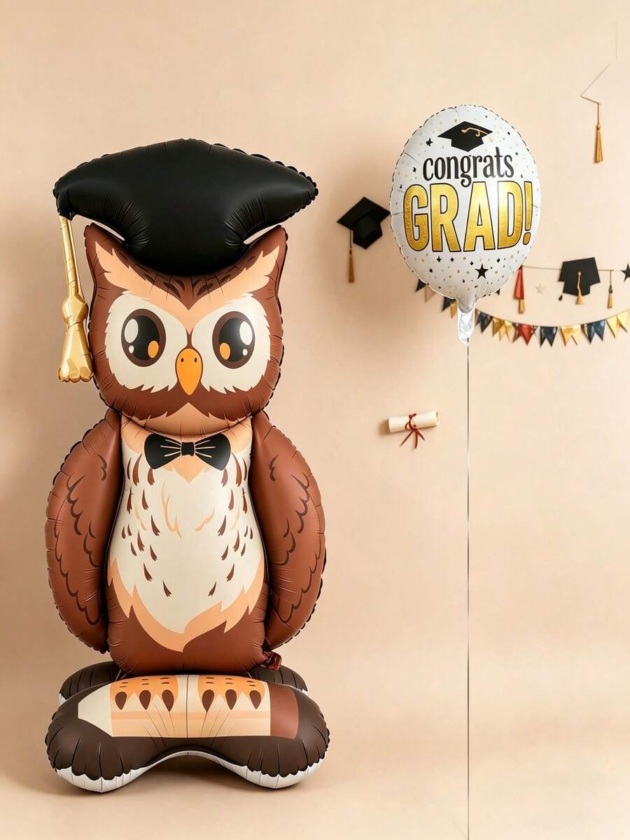 2pcs 150cm Base Large Owl Graduation Theme Round Balloon Set, Suitable For Graduation Party Decoration, Cartoon Balloons (Round Balloons Are Double-Sided) - View 1