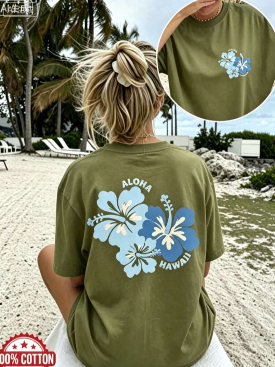 [Summer Beach Tee] High Stretch Women's Plus Size Casual Loose Fit Round Neck Short Sleeve T-Shirt |  "FEELING SALTY" Surf Skeleton Graphic Print 2026 - 綠色1 - 查看 1
