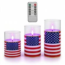 July 4th Flameless Candles With Remote Control, Red White And Blue Patriotic LED Candles, Battery Operated Flag Style Decorative Candles, Suitable For Independence Day Family Party Decoration, 3 Pieces Set - Purple Light - View 10