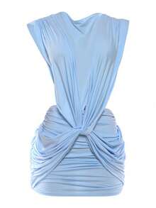 Light Blue Deep V-Neck Draped Mini Dress, Cap Sleeve Ruched Twist-Waist Form-Fitting Party Dress For Women - Azul - Ver 3
