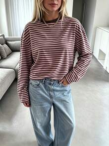 Get Rich A Women's Vacation Top Bohemian Pink & Brown Striped Round Neck Long Sleeve T-Shirt Autumn Casual Top Fall/Winter Retro Color Block Striped Shirt Vacation Casual Elegant Style Casual Daily Top Commute Minimalist T-Shirt Retro Casual Top Minimalist Casual Round Neck T-Shirt - Pinkish Brown - View 9