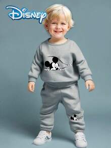 Disney Autumn Mickey Mouse Cute Long Sleeve Sweatshirt And Long Pants Set For Baby Boys And Newborns With 3D Zipper Peek-A-Boo Mickey Mouse Cute Cartoon Pattern, Slight Stretch, Suitable For Daily Wear And Gift Giving - Grey - View 1
