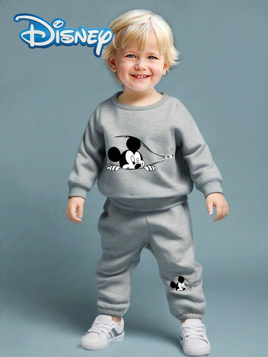 Disney Autumn Mickey Mouse Cute Long Sleeve Sweatshirt And Long Pants Set For Baby Boys And Newborns With 3D Zipper Peek-A-Boo Mickey Mouse Cute Cartoon Pattern, Slight Stretch, Suitable For Daily Wear And Gift Giving - Grey - View 1