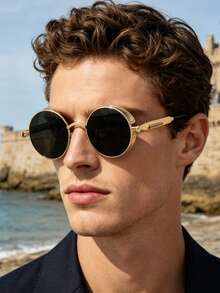 1pc Fashion Round Metal High Definition Lens Retro Punk Steampunk Spring Leg Unisex Glasses - Gold - View 1