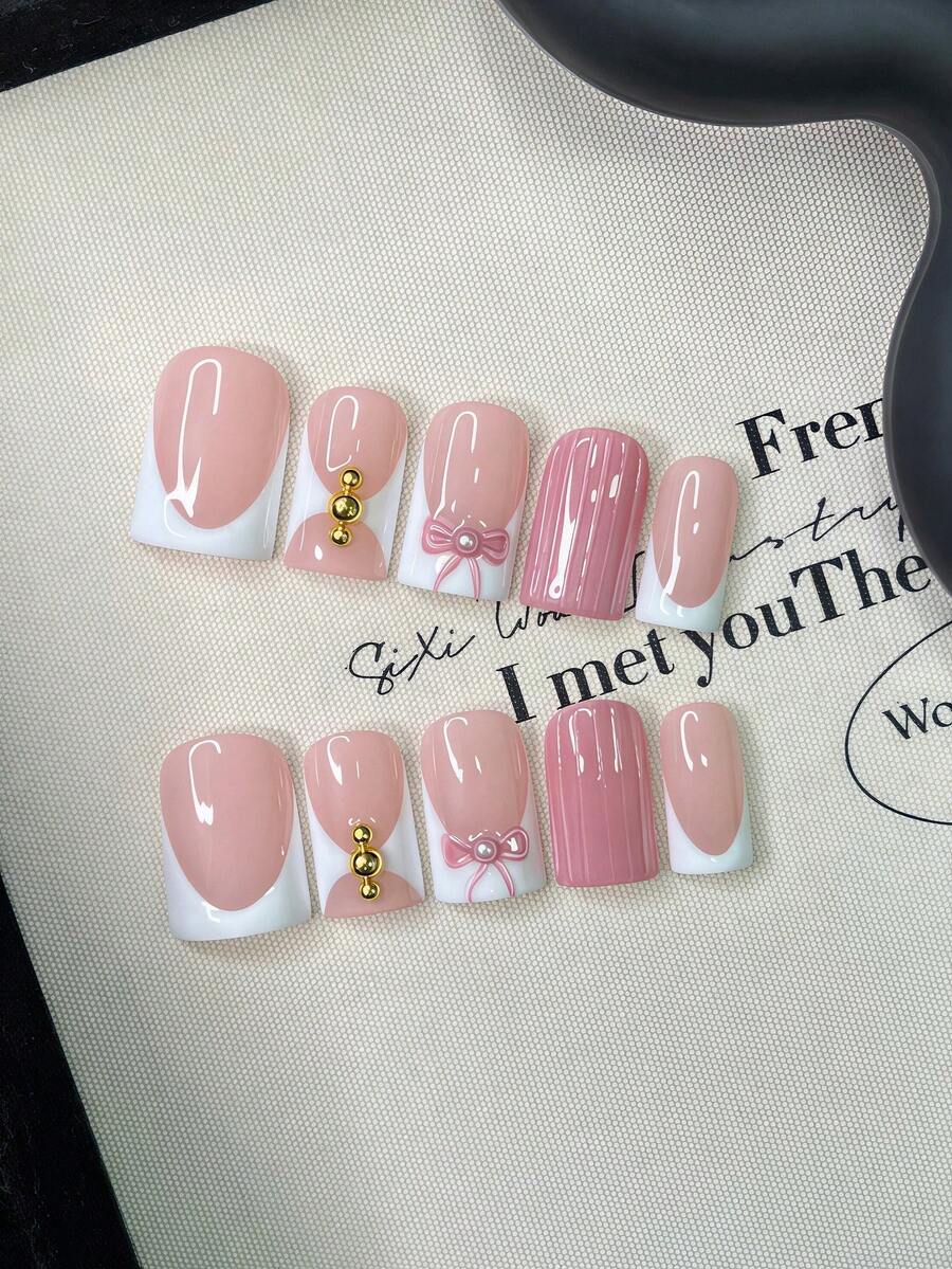 10pcs Y2K Nails Square Press On Nails Set - Handcrafted, Pink Nails, White Nails, White French Tip Nails, Handmade 3D Pink Bow Nails Art, Hand Drawn Pink Stripe Design, Nails Handmade, Sparkling Gold Rhinestone And White Pearl Decoration - Multicolor - View 1