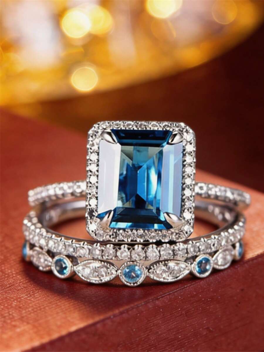 1 Set Classic Square Sugar Exquisite Stackable Ring Set, Light Luxury Engagement Party Women's Ring Set - Ring Set - View 1