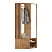 Wardrobe 100 X 33 X 190 Cm With Entryway, 6-In-1 Entryway Wardrobe, Including A Coat Rack, Hanging Rail, Mirror, And Shelf. Width: 100 Cm. Low Door. Wood Color. - Natural Color - View 1