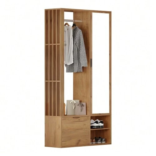 Wardrobe 100 X 33 X 190 Cm With Entryway, 6-In-1 Entryway Wardrobe, Including A Coat Rack, Hanging Rail, Mirror, And Shelf. Width: 100 Cm. Low Door. Wood Color. - Natural Color - View 1