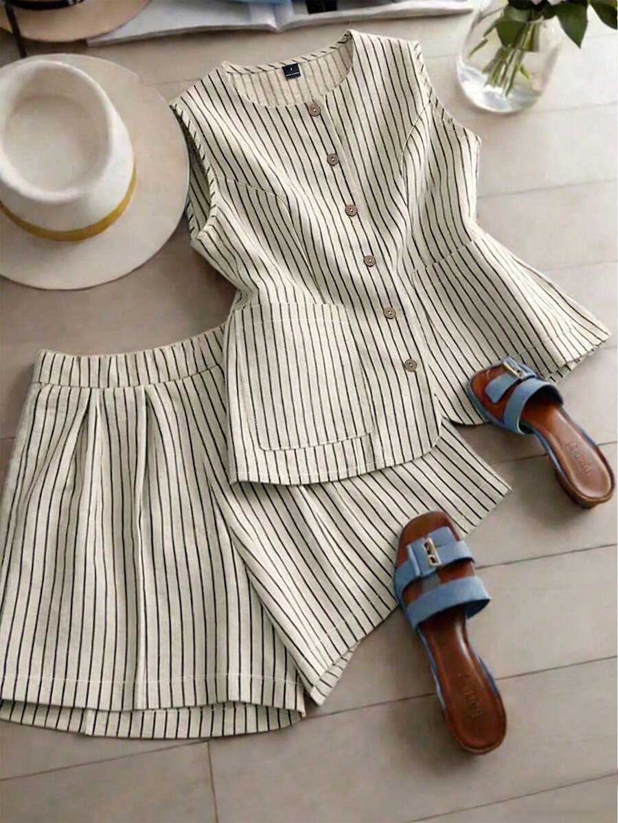 Qadelle Conjunto de 2 piezas de mujer tejido a rayas de estilo elegante para el verano - Albaricoque - Ver 1