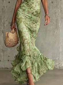 Elegant French Retro Style Chiffon Fishtail Dress For Vacation - 綠色 - 查看 3