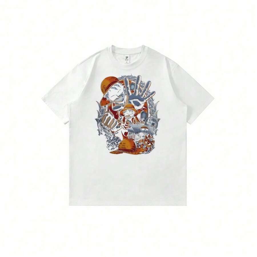 One Piece T-Shirt - 100% Cotton Crew Neck Tee, Anime Graphic Print, Summer Casual Short Sleeve Top, Perfect For Anime Fans, Cosplay, Birthday Gift For Men And Boys_90s Pop Retro All GendersMen's Minimalist Printed Round Neck Short Sleeved T-Shirt - 白色1 - 查看 1