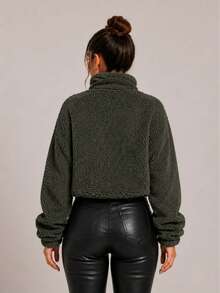 Women's Teddy Turtleneck Blouse With Faux Fur, Plush Teddy Style, Everyday Winter - 綠色 - 查看 2