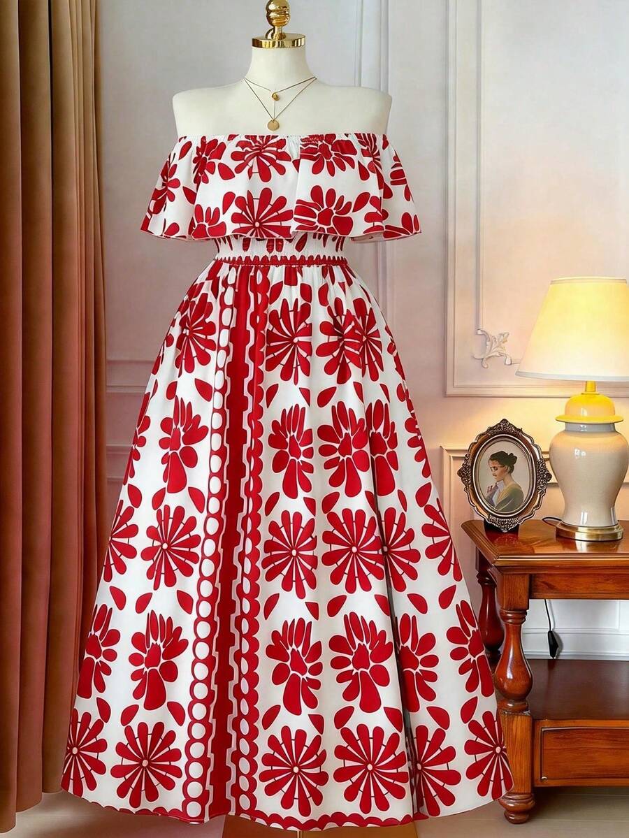 CURVE Vestido maxi de mujer talla grande con estampado floral romántico, volantes, hombros descubiertos y cintura elástica, adecuado para la playa, vacaciones y viajes - Rojo - Ver 1